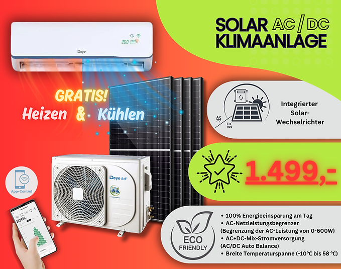 DEYE 2,7 kW AC/DC (On/Off Grid) Solar Aircondition, split type (indoor+outdoor unit), FREE cooling & heating